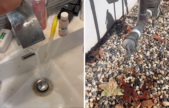 Image of a faucet with running water and a water pipe with leaves on the ground. People ask for help fixing things.