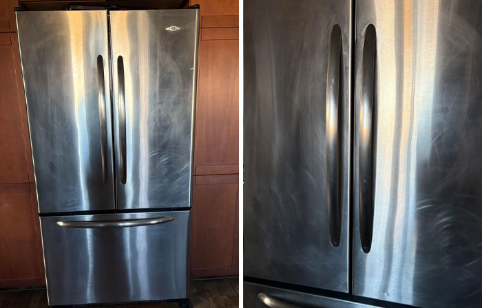 A two-panel image showing a stainless steel refrigerator with visible streaks and smudges, an example of something needing help fixing things.