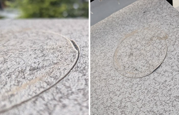 Close-up shots of a circular outline on a textured surface, a problem that someone might need help fixing or understanding.