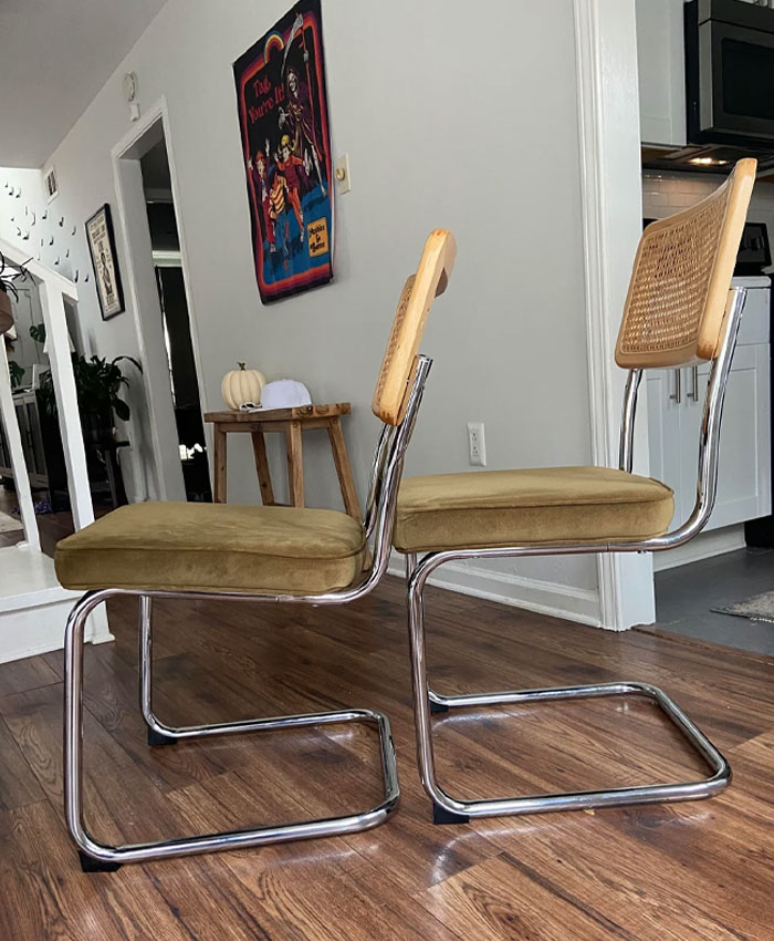 People ask others for help fixing problems with two vintage-style chairs with chrome frames and upholstered seats.