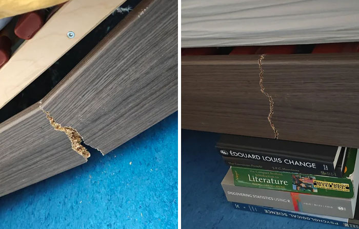 A two-panel image showing a damaged wooden bed frame with a crack, a clear example of fixing things.