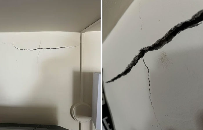 A two-panel image showing severe cracks in a white wall, highlighting significant problems needing fixing.