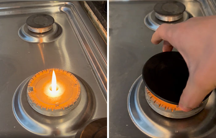 A two-panel image showing a gas stove burner with a flame and a hand fixing things by placing a cap on it.
