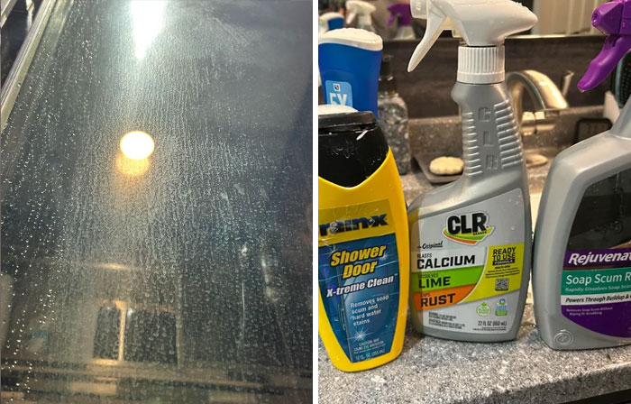 A shower door covered in water spots and soap scum, next to cleaning products like CLR, illustrating common problems and solutions.