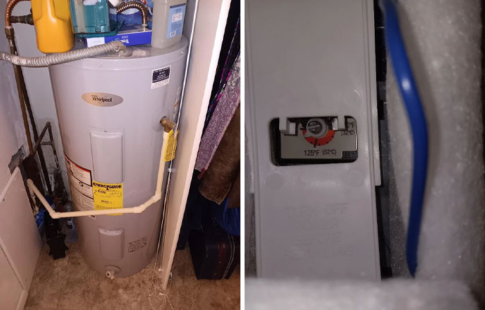 A Whirlpool water heater, showing the temperature setting at 125°F (52°C), highlighting a common home appliance people need help fixing.