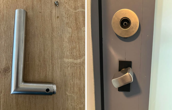 A two-panel image showing a detached L-shaped door handle and a door with a lock but no handle, a problem people ask others for help fixing.
