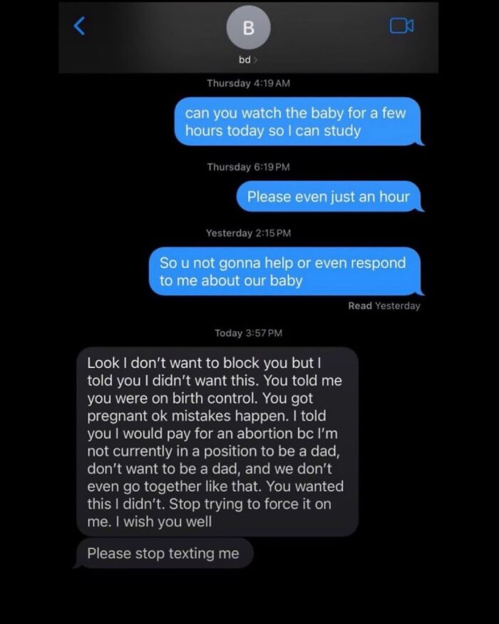 A screenshot of text messages about childcare help for a baby, with the dad saying he is not interested. A screenshot of text messages about childcare help for a baby, with the dad saying he is not interested.