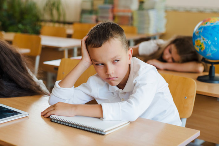 A young boy looking bored or sad in a classroom. Teachers claim they can spot red flag students.