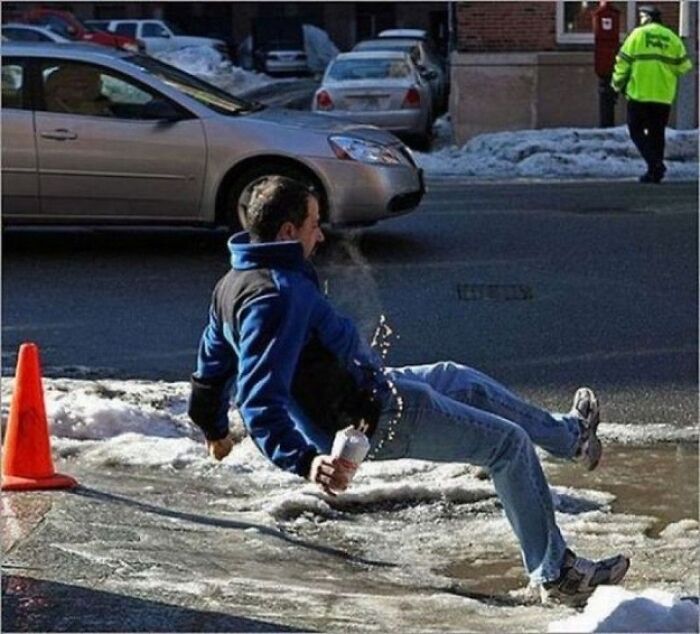 A man in hilarious photos slipping on ice, splashing water, moments before disaster, with a car and cone nearby.