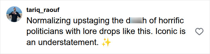 A social media comment from 'tariq_raouf' praising a post about 'horrific politicians', connected to Senator Lindsey Graham. A social media comment from 'tariq_raouf' praising a post about 'horrific politicians', connected to Senator Lindsey Graham.