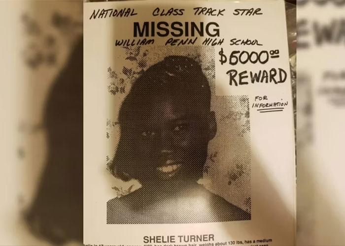 A missing person poster for a track star with a reward, highlighting the case where she was found slain. A missing person poster for a track star with a reward, highlighting the case where she was found slain.