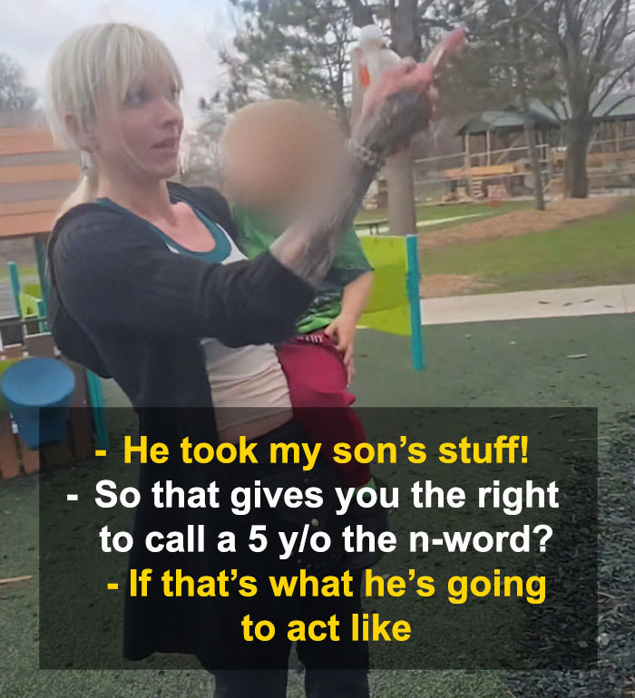 Screenshot of a White Minnesota mom on a playground, with text about her racial slur against a Black autistic child. Screenshot of a White Minnesota mom on a playground, with text about her racial slur against a Black autistic child.