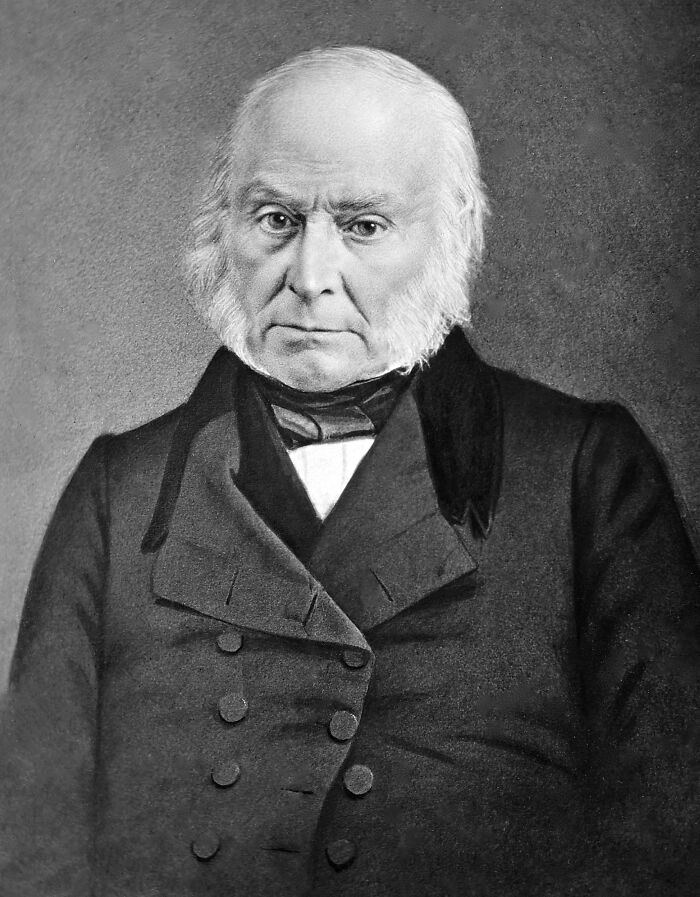 A black and white portrait of John Quincy Adams, a man with white hair and sideburns, sharing cool history facts.
