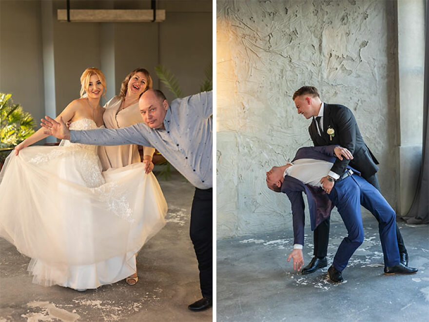 Two funny wedding photos showing guests posing with the bride and groomsmen.