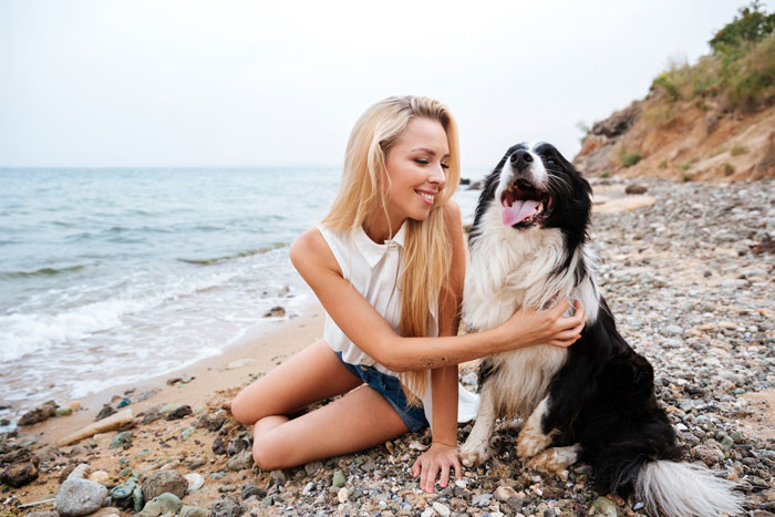 A happy person and a service dog on a rocky beach, smiling, representing the bond related to the wedding issue.