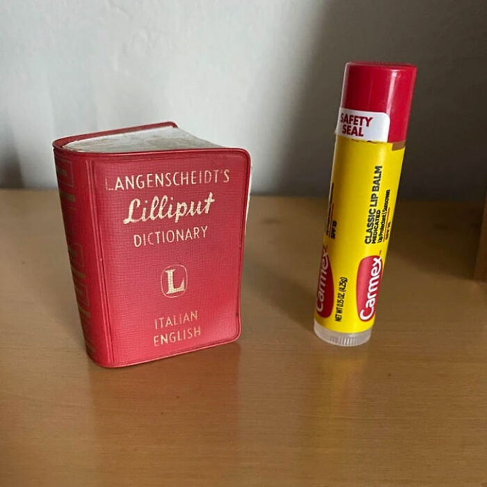 A small Italian-English dictionary and a tube of lip balm side-by-side, showcasing size comparisons and true scale.