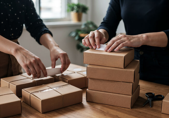 Hands preparing packages for shipping, showcasing the packaging industry which is among those that make millions.