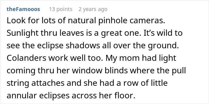 A comment describes using natural pinhole cameras like leaves to view the total solar eclipse. A comment describes using natural pinhole cameras like leaves to view the total solar eclipse.