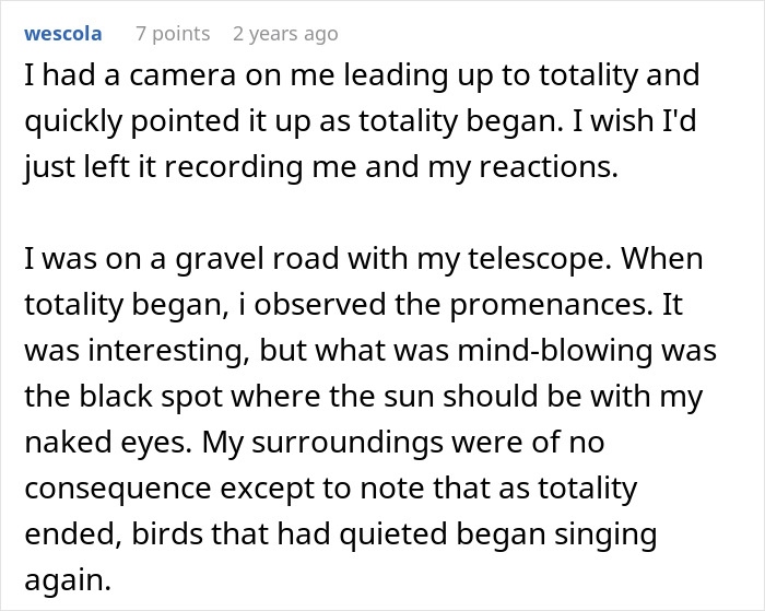 A comment details observing prominences and the sun with naked eyes during a total solar eclipse with a telescope. A comment details observing prominences and the sun with naked eyes during a total solar eclipse with a telescope.