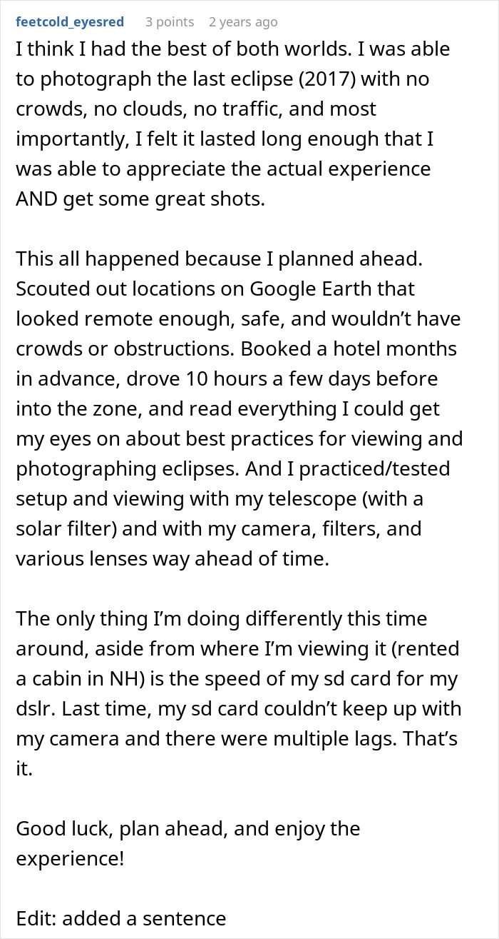 A detailed comment about planning ahead for the total solar eclipse, including scouting spots and using a telescope. A detailed comment about planning ahead for the total solar eclipse, including scouting spots and using a telescope.