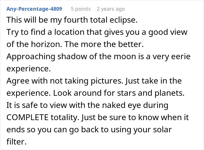 A Reddit comment details safe viewing practices and good viewing spots for a total solar eclipse. A Reddit comment details safe viewing practices and good viewing spots for a total solar eclipse.