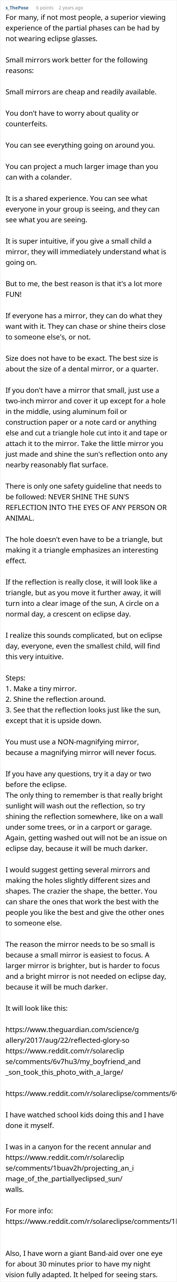 A lengthy Reddit comment provides instructions for safe indirect viewing of a total solar eclipse using mirrors. A lengthy Reddit comment provides instructions for safe indirect viewing of a total solar eclipse using mirrors.