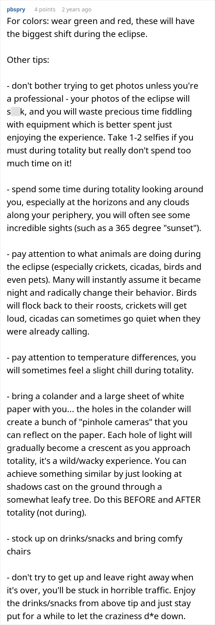 A detailed Reddit comment by user pbspry with tips for viewing a total solar eclipse, including color suggestions and pinhole camera advice. A detailed Reddit comment by user pbspry with tips for viewing a total solar eclipse, including color suggestions and pinhole camera advice.