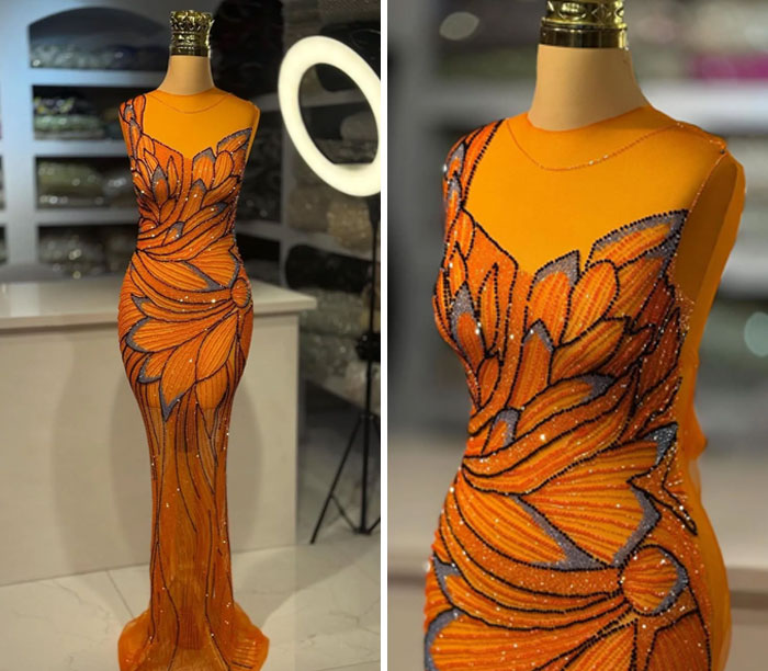 A handmade project: an orange evening dress with elaborate floral beadwork and sequins, showcasing immense talent.