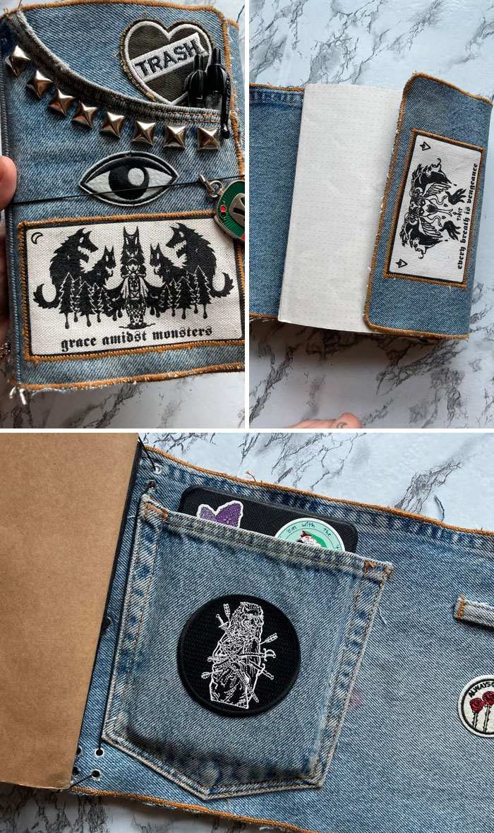 A denim-covered journal with various patches, studs, and a front pocket, a unique handmade project.