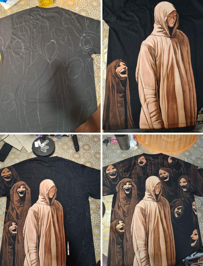 A sequence of images showing the process of creating a custom painted t-shirt featuring figures in robes, a handmade project.