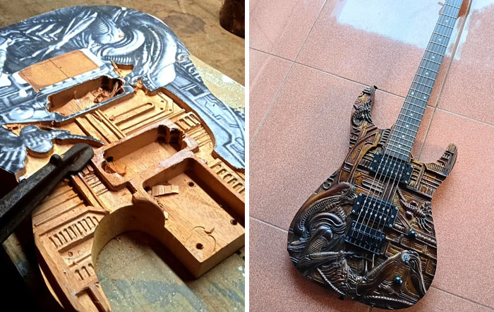 A handmade project of a guitar carved with intricate alien-like designs, showcasing talent and patience.