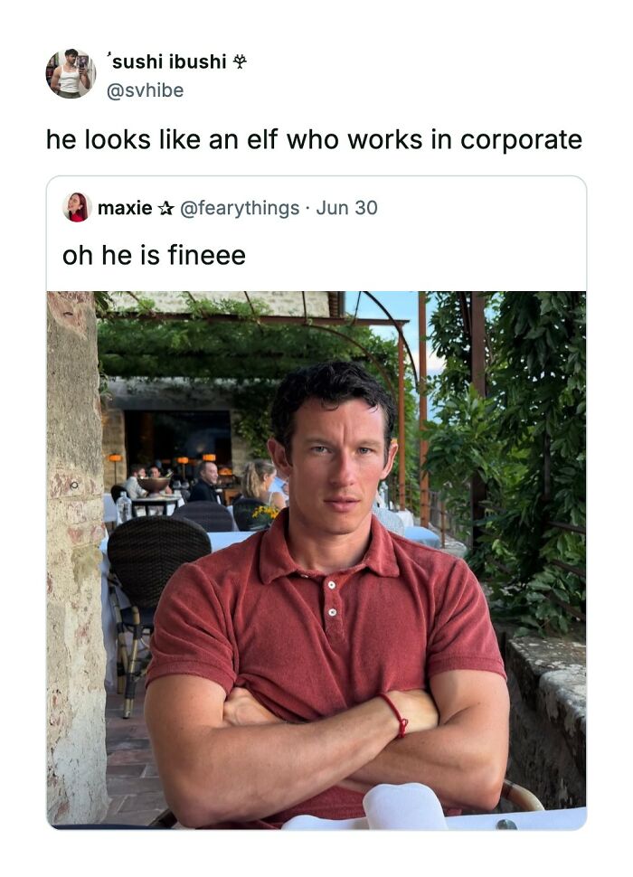 A handsome man in a reddish-brown polo shirt, sitting outdoors at a restaurant, drawing funny comments about his appearance.