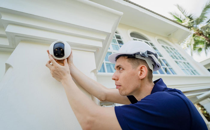 A man in a hard hat installing a spy camera on the exterior of a building, relevant to a step-dad room incident. A man in a hard hat installing a spy camera on the exterior of a building, relevant to a step-dad room incident.