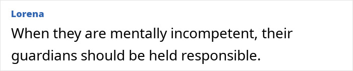 Lorena comments on the street fight, emphasizing guardian responsibility for mentally incompetent individuals. Lorena comments on the street fight, emphasizing guardian responsibility for mentally incompetent individuals.