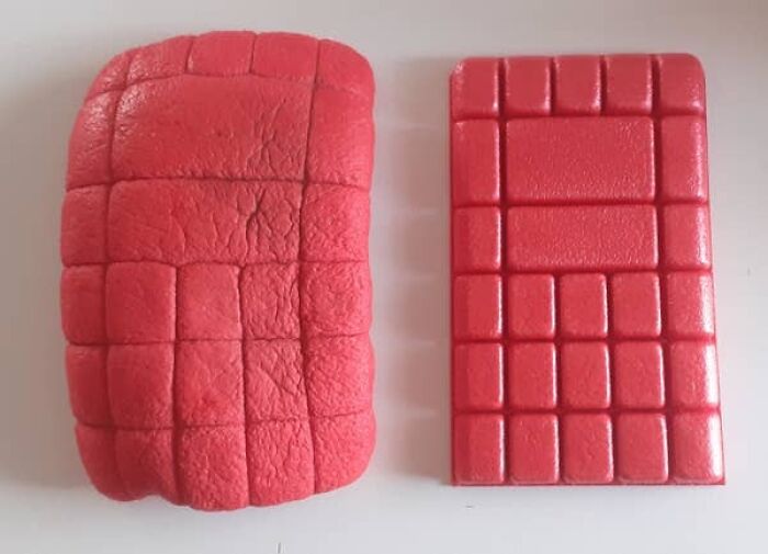 A before-and-after photo of two red knee pads, one worn and one new, showing how much things can change.