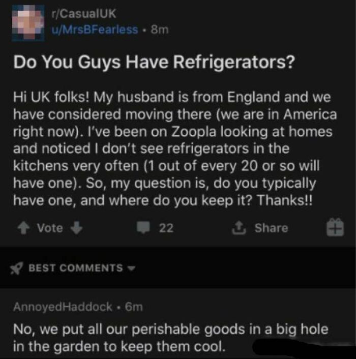 A Reddit post asking if people in the UK have refrigerators, demonstrating American confusion about other countries.