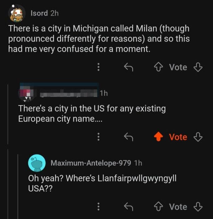 Screenshot of Americans confused about European city names, believing all exist in the US.