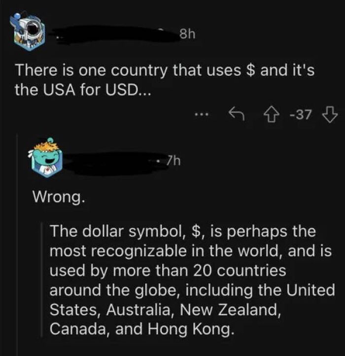 Screenshot of a social media discussion proving people from the US are very confused about dollar symbol usage.