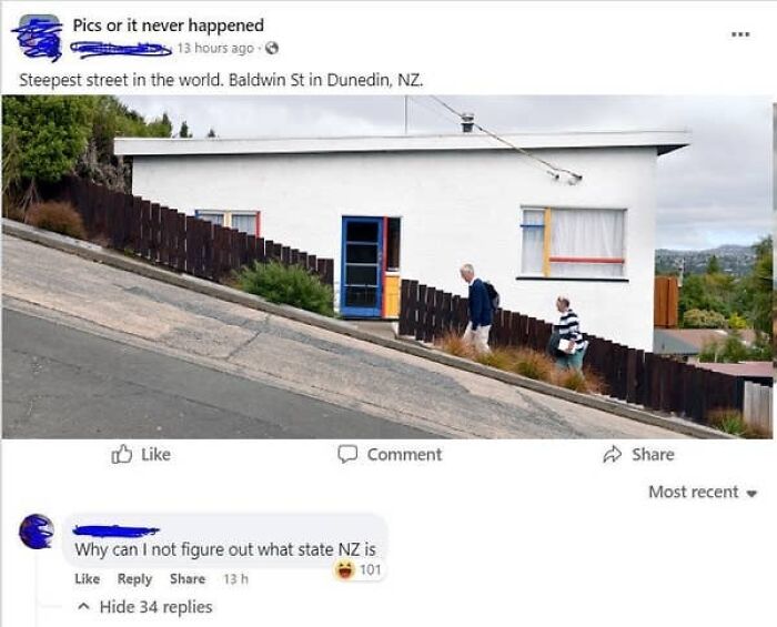 A screenshot of a post about the steepest street in NZ, with a confused American asking what state NZ is.
