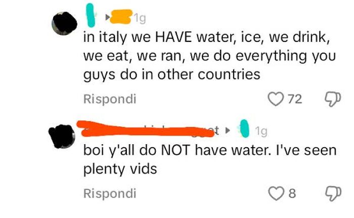 Screenshot of confused Americans debating whether Italy has water, highlighting how people from the US are very confused.