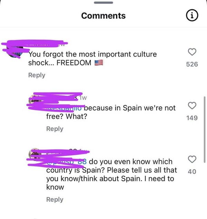 A screenshot of comments about freedom and Spain, highlighting how Americans are confused about other countries.