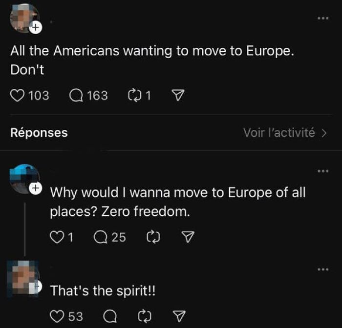 A screenshot of a conversation about Americans wanting to move to Europe, proving people from the US are confused.