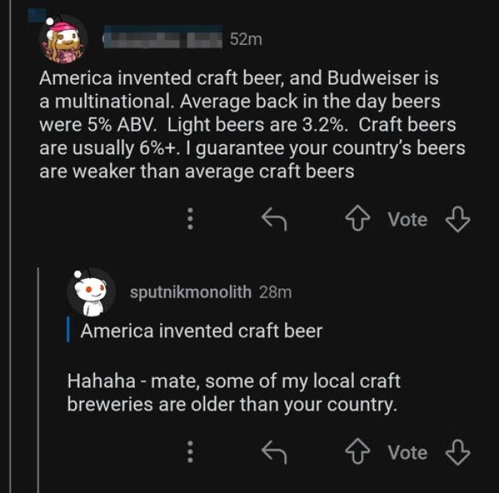 A screenshot showing a confused American person's false claim about America inventing craft beer.