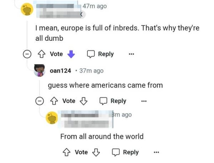 A screenshot of a conversation where a confused American person makes an uninformed comment about Europe.