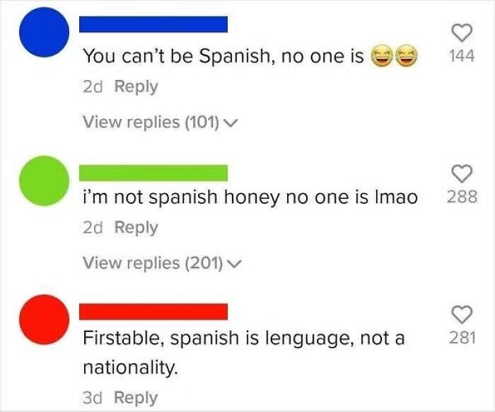 A screenshot showcasing a confused American person's comment on nationality and language.