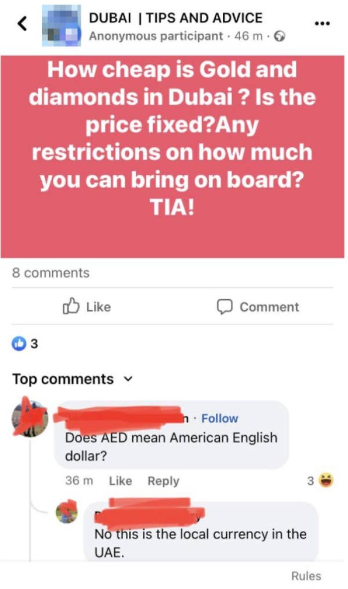 A screenshot of a post and comments, with one person asking if AED means American English dollar, showing American confusion.