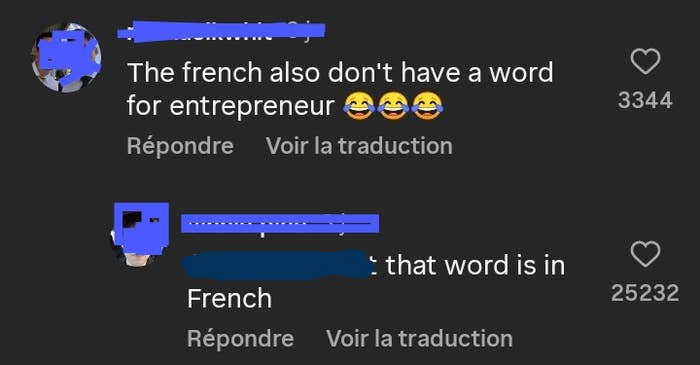 Screenshot of a user confused about the French word for entrepreneur, which is French.