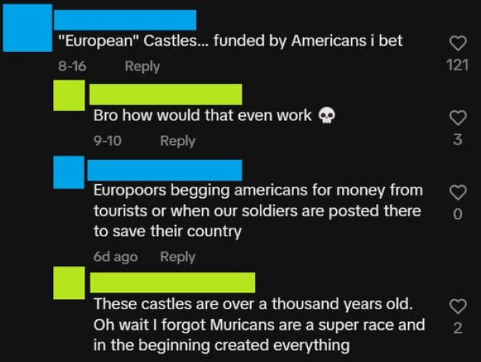 Screenshot showing Americans confused about European castles origins, claiming US funding.