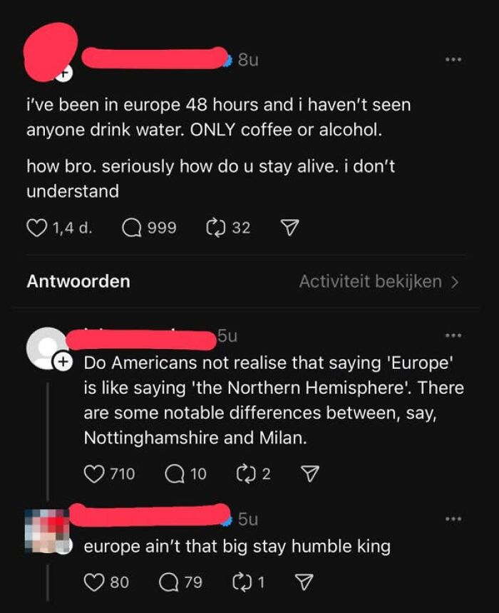 Screenshot of Americans confused about Europe, questioning water consumption and Europe's size.