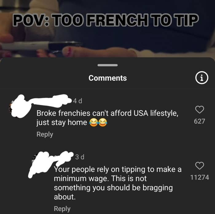 A screenshot showing comments on a post about French people not tipping, highlighting American confusion about tipping culture.